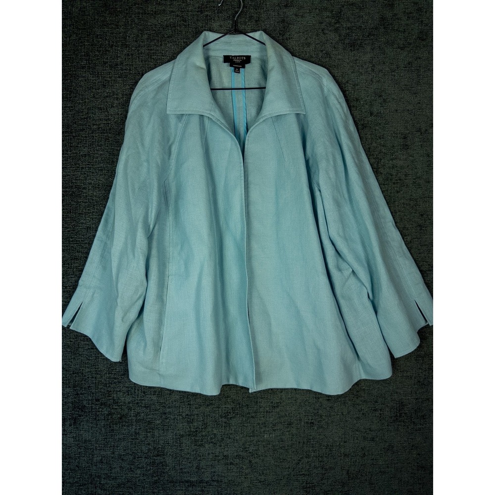 Talbots Woman Pure Irish Linen Open Front Jacket Womens 2X Light Blue Relaxed